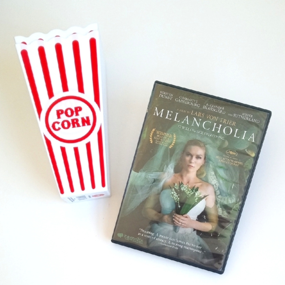 Melancholia DVD Movie with 2 New Reusable Popcorn Containers